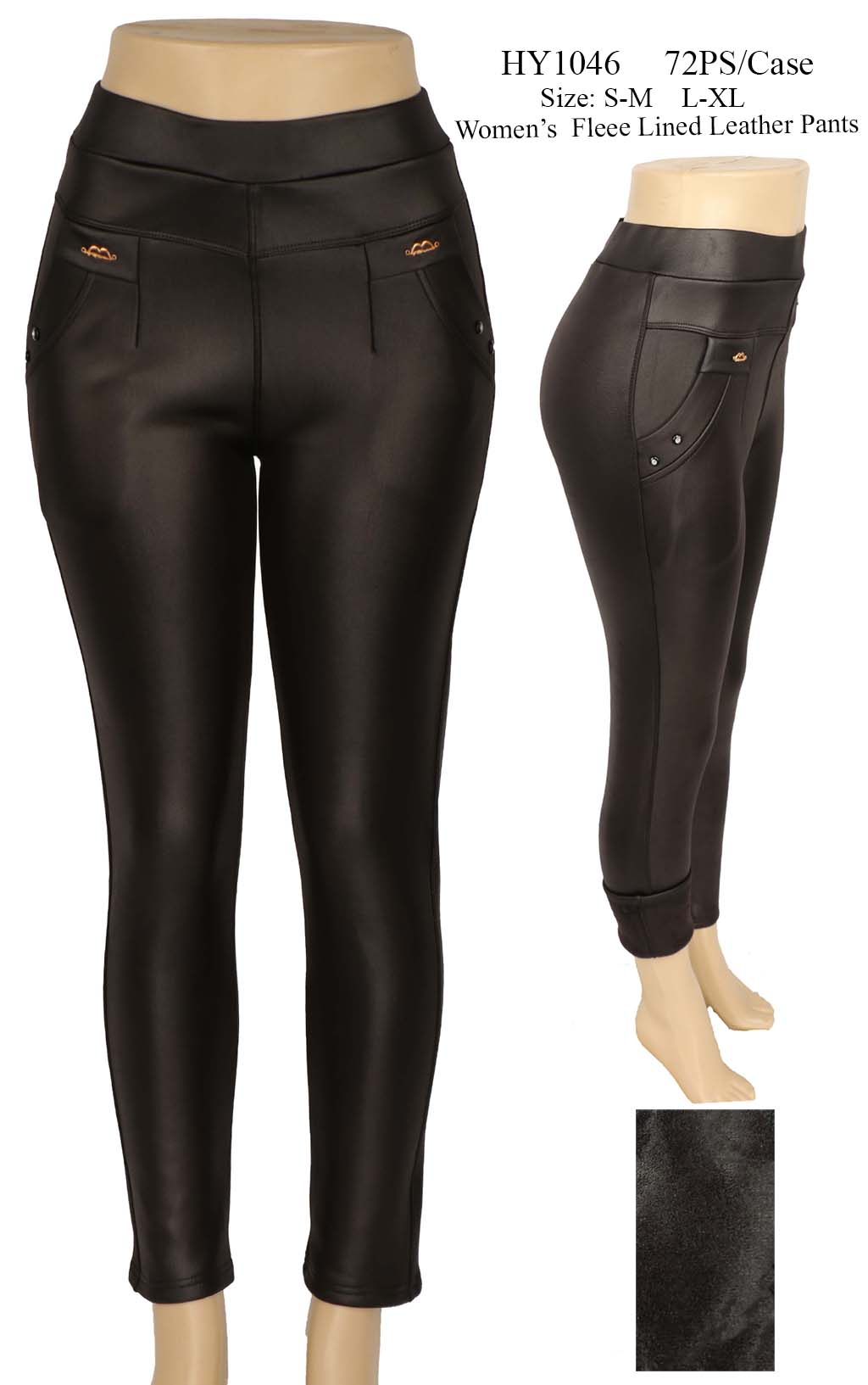 Women's Fleece Lined Leather Pants With Pockets One Dozen Wholesale Size:  S-M, L-XL - Nali Collection, Inc.